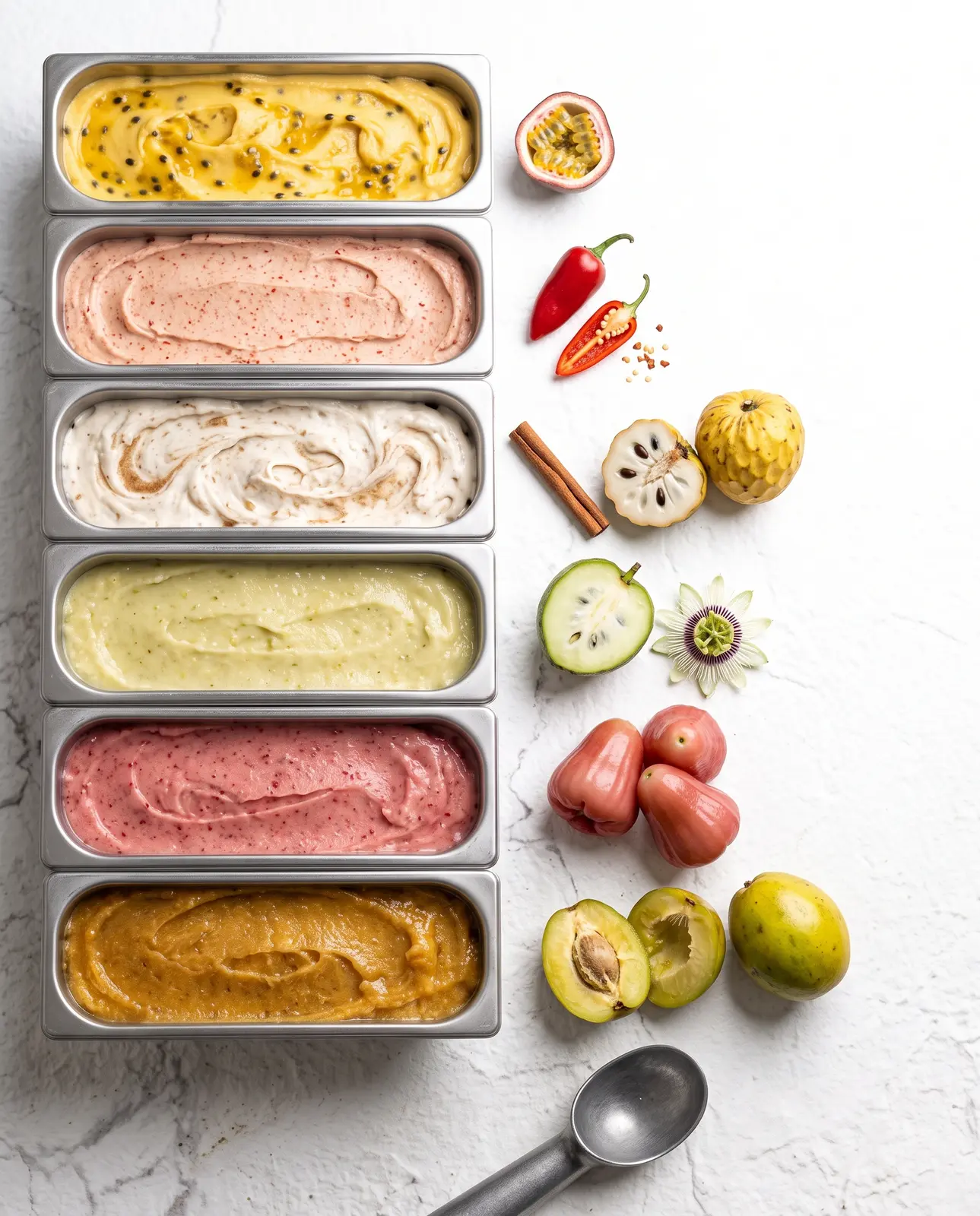 Sélection de glaces artisanales tropicales Marlène Glaces – parfums fruit de la passion, corossol, cannelle, prune de Cythère et pomme-liane